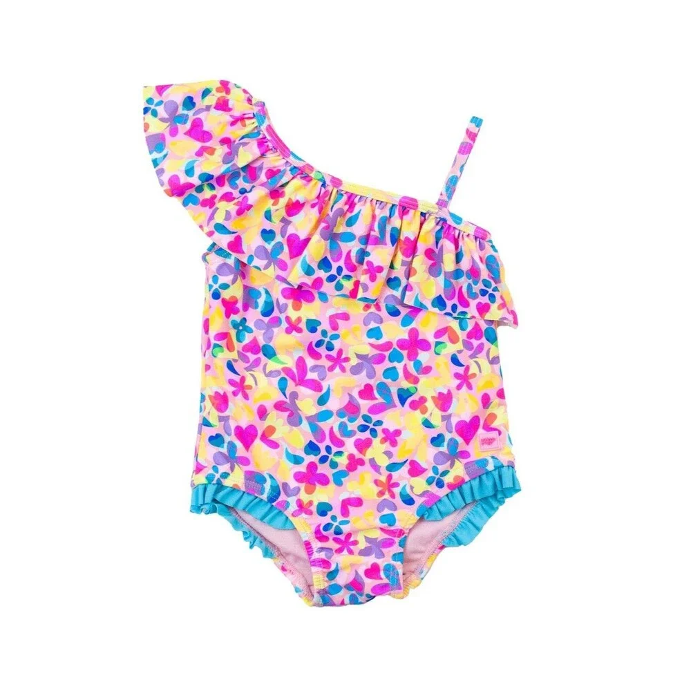 RuffleButts Girls 7 Vibrant Floral Neon One‎ shoulder Swimsuit Ruffles UPF 50+